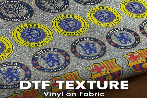 DTF vinyl texture on fabric with colorful football club patches