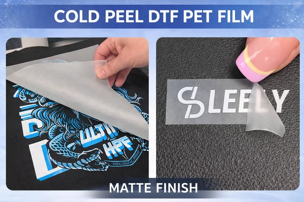 Cold peel DTF PET film with matte finish being peeled from fabric for clean heat transfer
