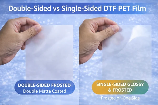Double-sided frosted vs single-sided glossy DTF PET film comparison showing matte and frosted surfaces