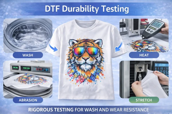 DTF durability testing showing wash, heat, abrasion, and stretch resistance on printed T-shirt