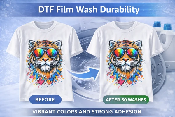 DTF film wash durability test showing T-shirt print before and after 50 washes with vibrant colors