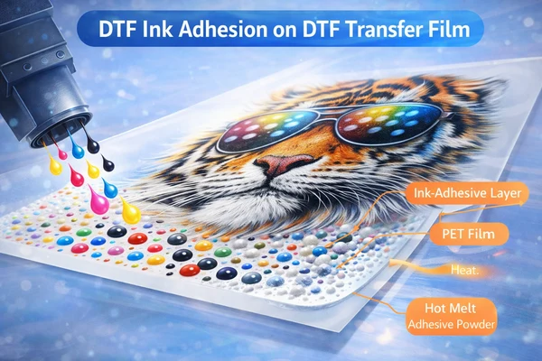 DTF ink adhesion process on PET transfer film with hot melt adhesive powder activated by heat