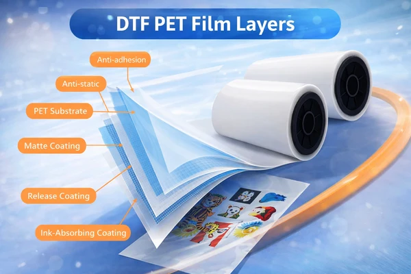 DTF PET film layer structure showing ink absorbing, release, matte, anti static and PET substrate coatings