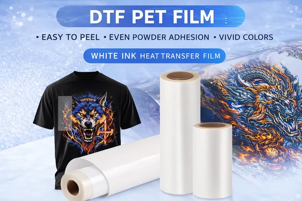DTF PET film rolls with white ink heat transfer applied to T-shirt for vivid garment printing