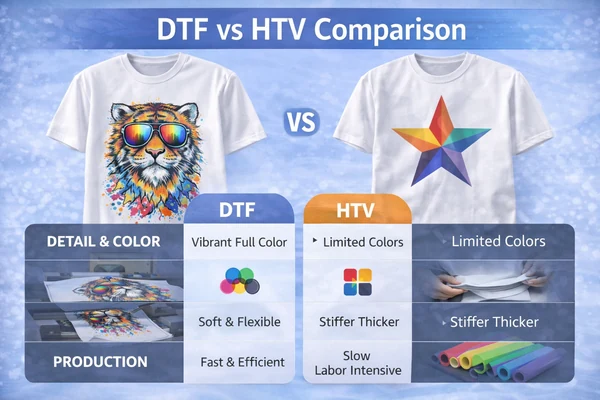 DTF vs HTV comparison showing color detail, flexibility, and production differences on T-shirts