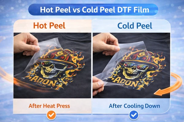 Hot peel vs cold peel DTF film comparison showing transfer removal after heat press and cooling