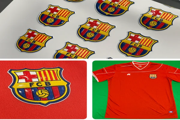 3d tpu uv patches applied on red jersey for sportswear branding