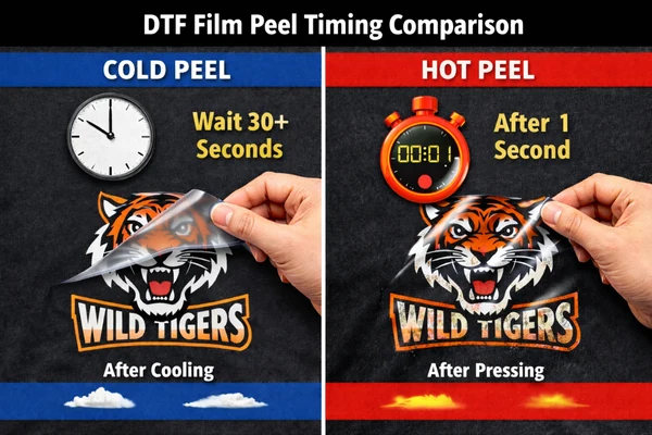 DTF film peel timing comparison showing cold peel after cooling versus hot peel immediately after pressing