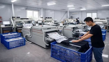 Export packaging and quality control area for DTF film products ready for international shipping