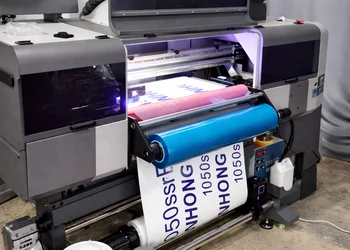 Commercial printing factory with DTF printers running high-volume production
