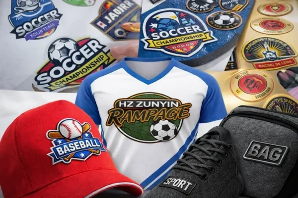 UV DTF sports logo stickers with textured finish applied on apparel, hats, and bags for team branding