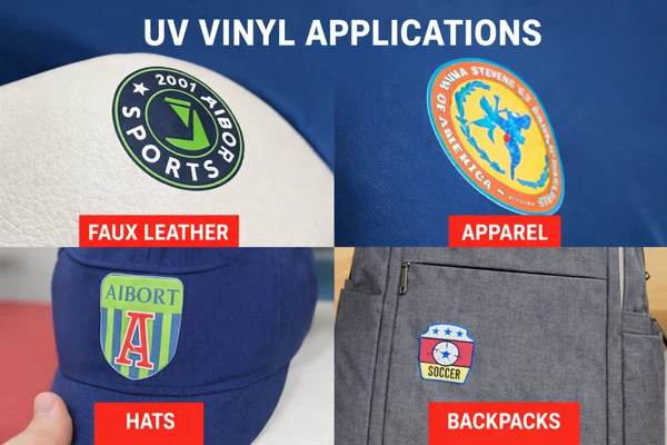 UV vinyl logos applied on faux leather, apparel, hats, and backpacks